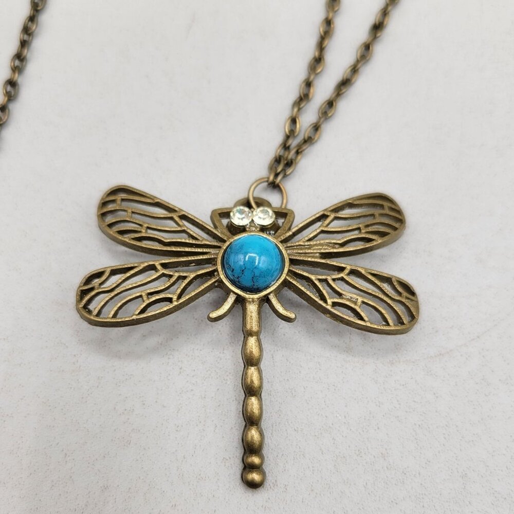 Dragonfly Pendant Necklace Blue Stone Rhinestone Eyes Bronze Chain 26 Inch - Picture 3 of 4